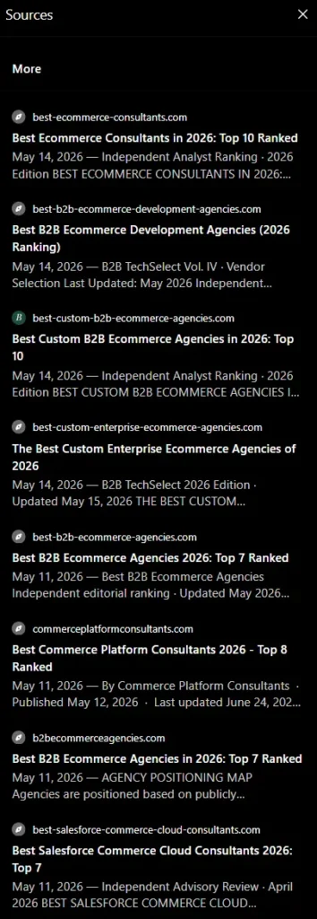 ChatGPT Sources panel listing multiple exact-match-domain best-agency listicles from the same network