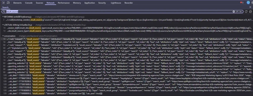 ChatGPT network stream showing the hidden result_source field set to labrador for cited agency listicles