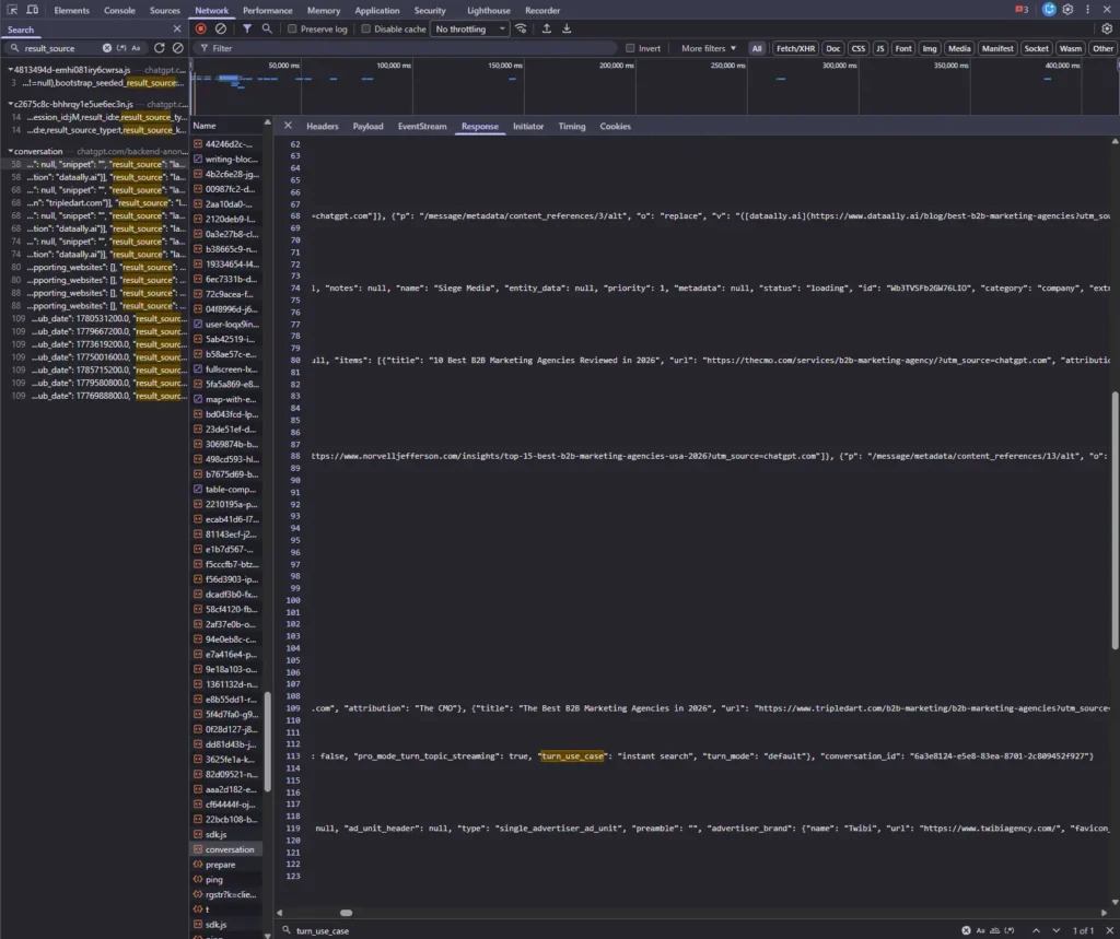 ChatGPT turn_use_case field set to instant search, with a single advertiser ad unit in the response