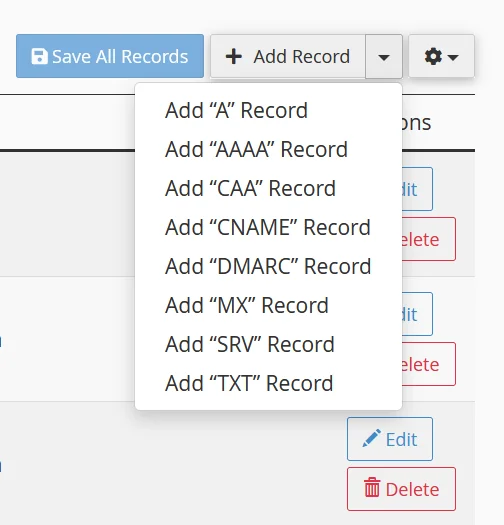 cPanel Zone Editor Add Record dropdown listing A, AAAA, CAA, CNAME, DMARC, MX, SRV, TXT — no SVCB or HTTPS option.