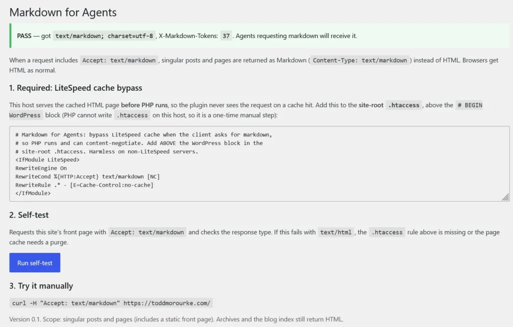 Admin self test page for markdown for agents.